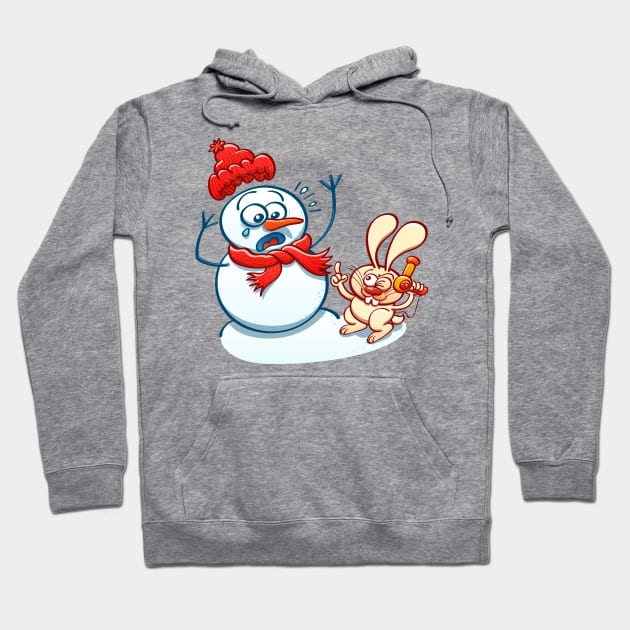Naughty bunny stealing the carrot nose of a Christmas snowman with a hair dryer Hoodie by zooco